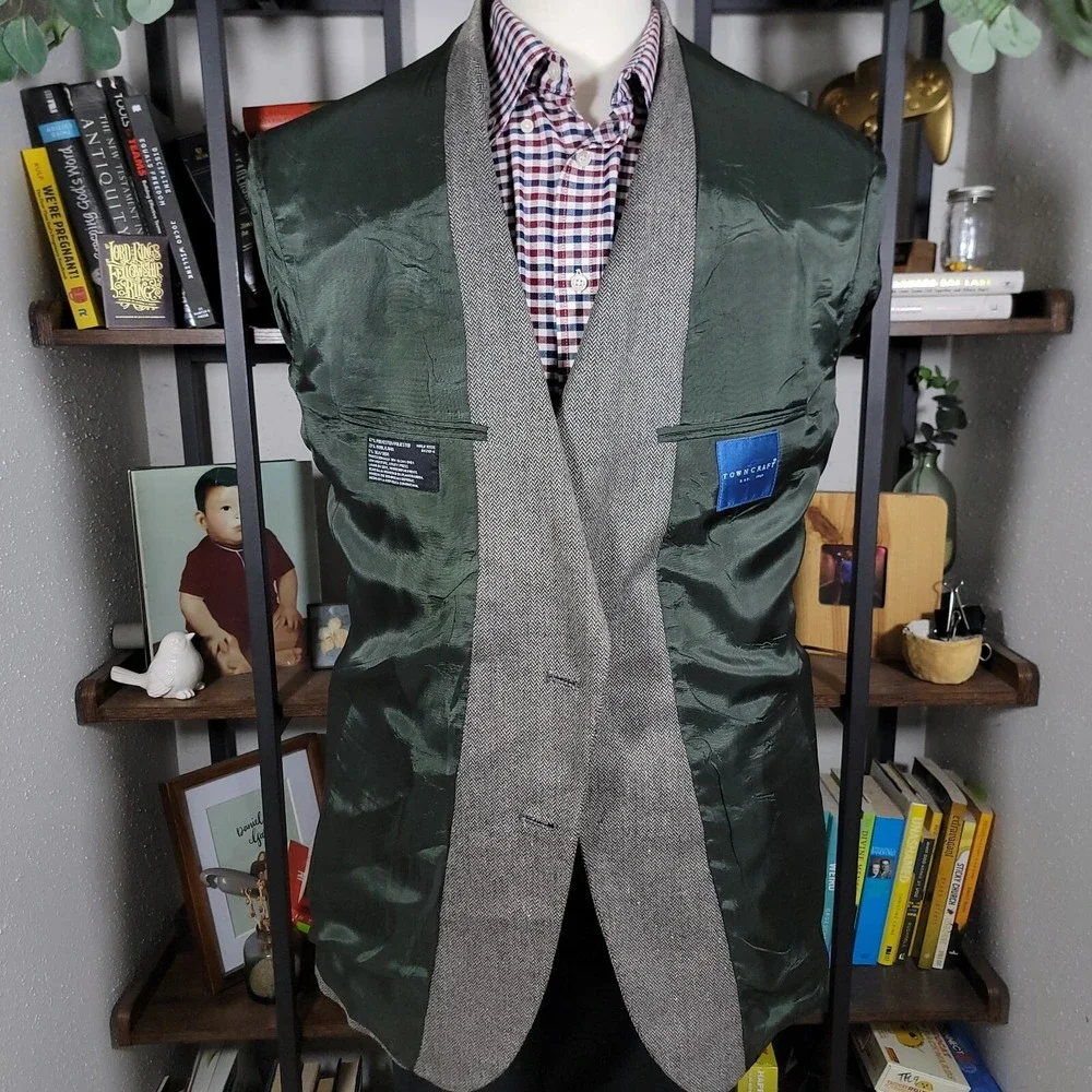 Town Craft Mens Sport Coat Blazer Two Button Gray Herringbone Silk Poly Wool 43L